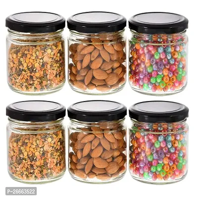 MACHAK Round Glass Jar With Airtight Lid For Kitchen Storage, Black, 200ml (6 Pieces)