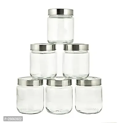 Machak Round Grip Glass Storage Containers  Jar for Kitchen with Steel Lid, 500ml (Set of 6)