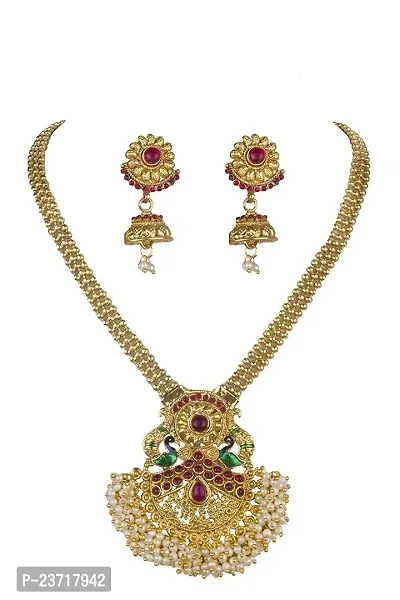 Piah Fashion Jewellery Antique Kundan Gold Plated Pearl Studded Temple Traditional Designer Long Necklace Jewellery Set with Earrings for Women