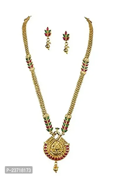 Piah Fashion Traditional Laxmi Pendent Gold Plated Matinee Style Pink  Green Stone Necklace Set for Women