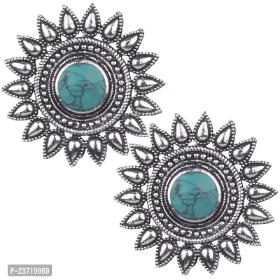 Piah Fashion Brass Silver Plated and Turquoise Stud Earrings for Women  Girls, Green, medium (9478)