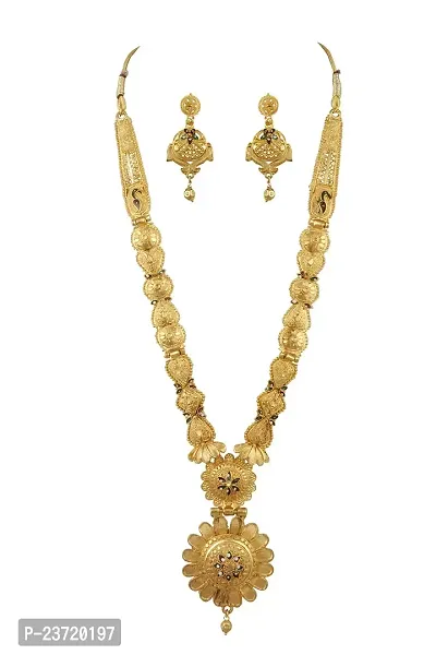 Piah Fashion Jewellery Gold Plated Traditional Designer Long Necklace Jewellery Set With Earrings For Women-thumb0