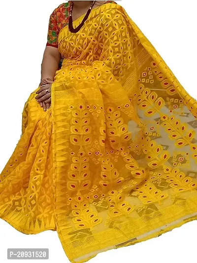 Beautiful Yellow Cotton Self Pattern Women Saree with Blouse piece-thumb0