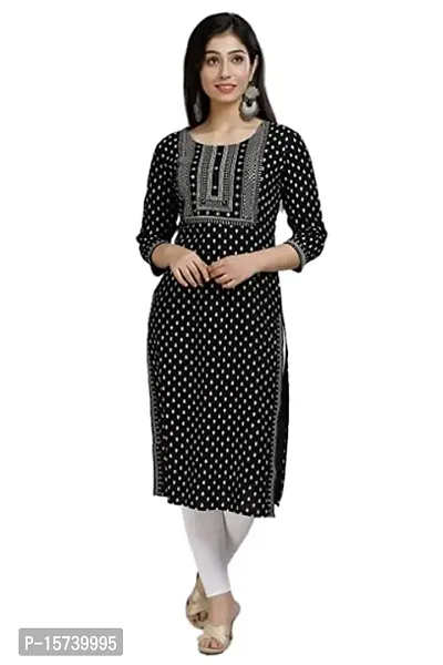 Samual Collection Women's Printed Regular Fit Embroidered Rayon A Line Kurta-BlkPrinted-M Black