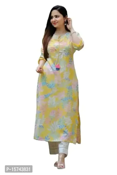 Samual Collection Women's Printed Rayon Kurta Pant Set-YLW-XL Yellow