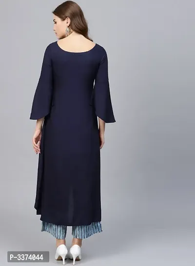 Elegant Navy Blue Solid Crepe Women A-Line Kurti-thumb3