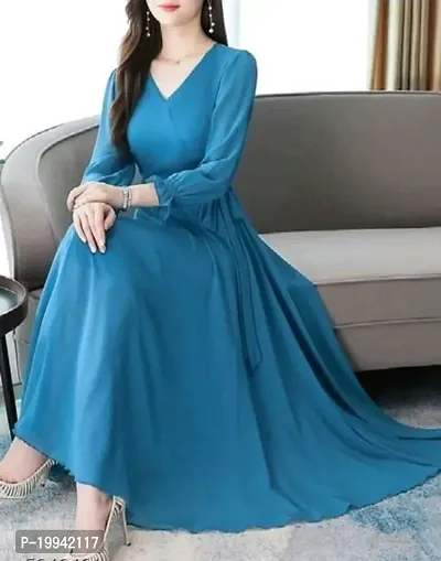 Stylish Indo-western Blue Solid Crepe Gown For Women-thumb2