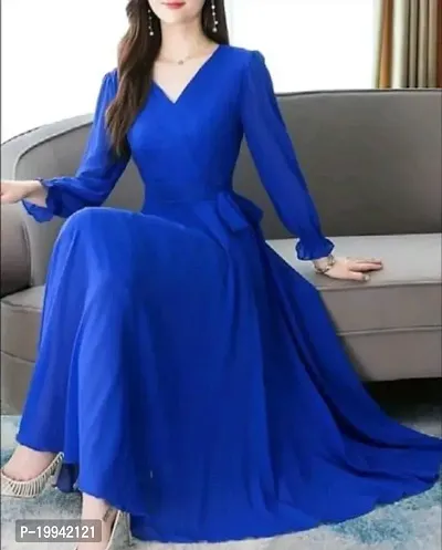 Stylish Indo-western Blue Solid Crepe Gown For Women-thumb0