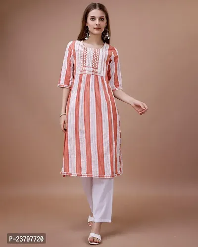 Elegant Striped Cotton Kurta with Pant Set For Women-thumb0