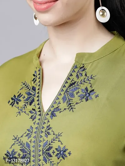 Women Embroidered Solid Rayon Kurta (Green)-thumb4