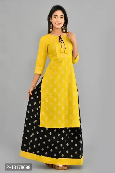 Women Gold Printed Kurta And Skirt Set(Yellow)