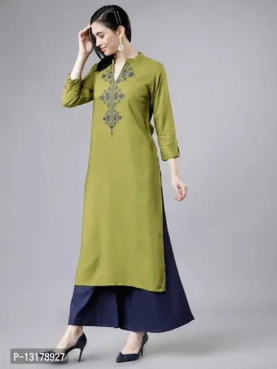 Women Embroidered Solid Rayon Kurta (Green)-thumb5