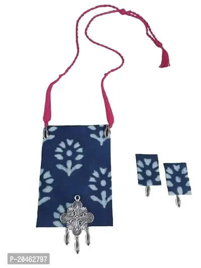 Dhunki Fashion Handmade necklace set with kalamkari fabric and germen silver charms