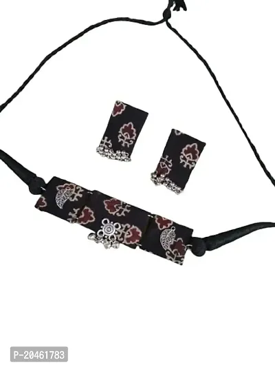 Dhunki Fashion Handmade necklace set with kalamkari fabric and germen silver charms