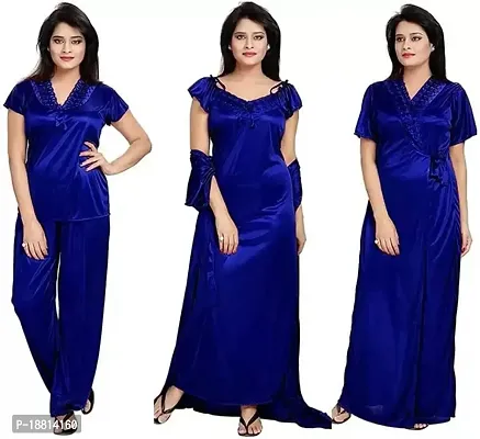 Beautiful 4 PCS Set Satin Maxi Night Dress Night Suits Nighty for Women (MX_Dress_Model_40)