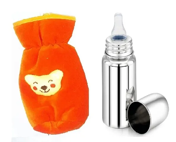Stainless Steel Baby Feeding Bottle, Silicon Nipple With Bottle Cover And Feeder, Bibs