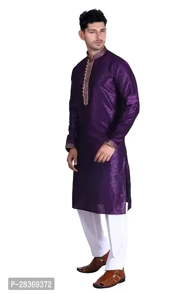 Reliable Purple Cotton Blend Solid Calf Length Kurta For Men-thumb0