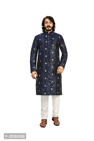 Reliable Blue Cotton Blend Printed Calf Length Kurta For Men