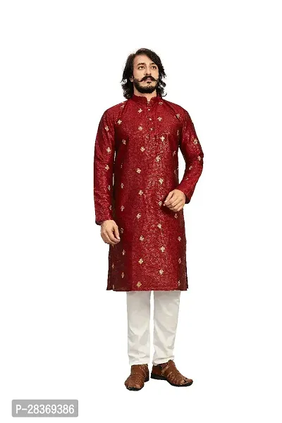 Reliable Maroon Cotton Blend Printed Calf Length Kurta For Men-thumb0