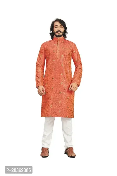 Reliable Orange Cotton Blend Printed Calf Length Kurta For Men