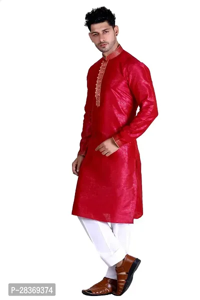 Reliable Red Cotton Blend Solid Calf Length Kurta For Men