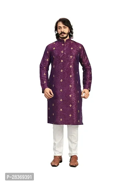 Reliable Purple Cotton Blend Printed Calf Length Kurta For Men