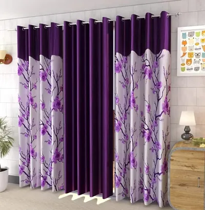 Premium Floral Printed Modern Style Polyester Combo Room Darkening Door Eyelet Curtain Panel Parda for Drawing Room, Living Room/Bedroom (Purple, 5 Feet) - Pack of 3