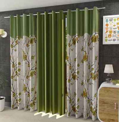 Premium Floral Printed Modern Style Polyester Combo Room Darkening Door Eyelet Curtain Panel Parda for Drawing Room, Living Room/Bedroom (Green, 5 Feet) - Pack of 3