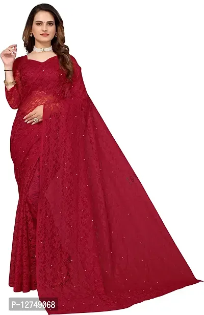 TUSHKI FAB Women's Solid Printed Net Saree With Blouse Piece (Red)-thumb0