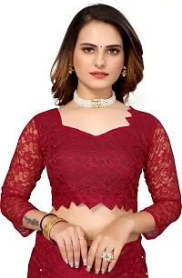 TUSHKI FAB Women's Solid Printed Net Saree With Blouse Piece (Red)-thumb2