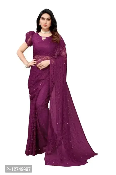 TUSHKI FAB Women's Solid Printed Net Saree With Blouse Piece (Wine)-thumb0