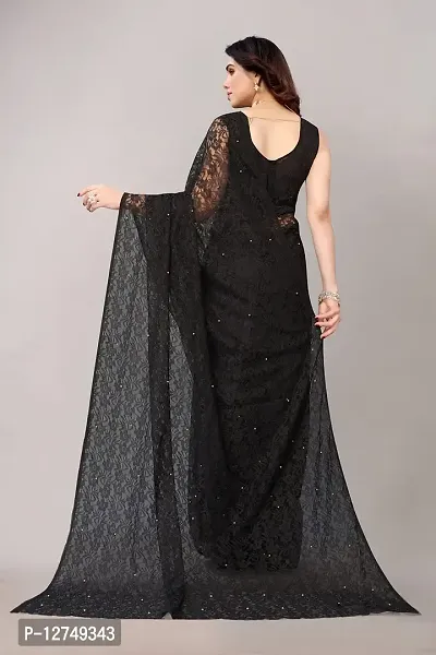 TUSHKI FAB Women's Solid Printed Net Saree With Blouse Piece (Black)-thumb2