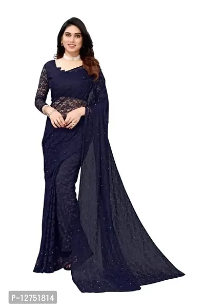 TUSHKI FAB Women's Solid Printed Net Saree With Blouse Piece (Navy Blue)