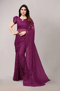 TUSHKI FAB Women's Solid Printed Net Saree With Blouse Piece (Wine)-thumb3