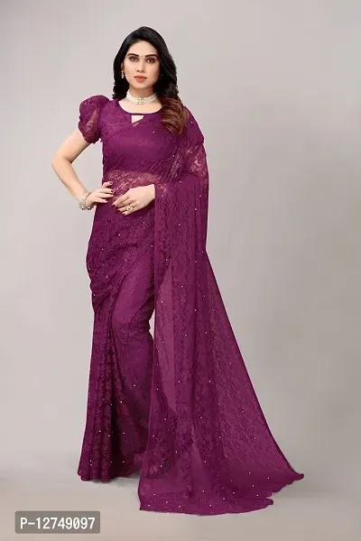 TUSHKI FAB Women's Solid Printed Net Saree With Blouse Piece (Wine)-thumb4