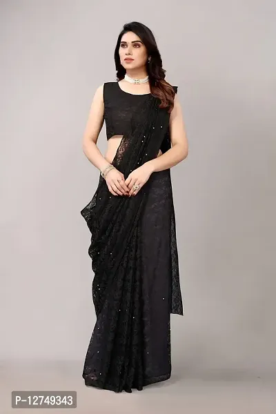 TUSHKI FAB Women's Solid Printed Net Saree With Blouse Piece (Black)-thumb5