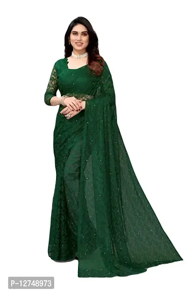 TUSHKI FAB Women's Solid Printed Net Saree With Blouse Piece (Green)
