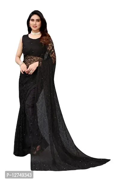 TUSHKI FAB Women's Solid Printed Net Saree With Blouse Piece (Black)