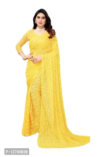 TUSHKI FAB Women's Solid Printed Net Saree With Blouse Piece (Yellow)