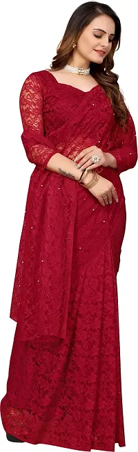 TUSHKI FAB Women's Solid Printed Net Saree With Blouse Piece (Red)-thumb4