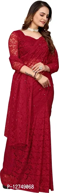 TUSHKI FAB Women's Solid Printed Net Saree With Blouse Piece (Red)-thumb5