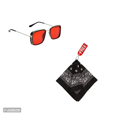 Red square sunglasses for men kabir singh sunglasses UV Protection Tony Stark Sunglasses Printed Black Cotton Hanky/Badana/Rumal for both Men  Women-thumb0