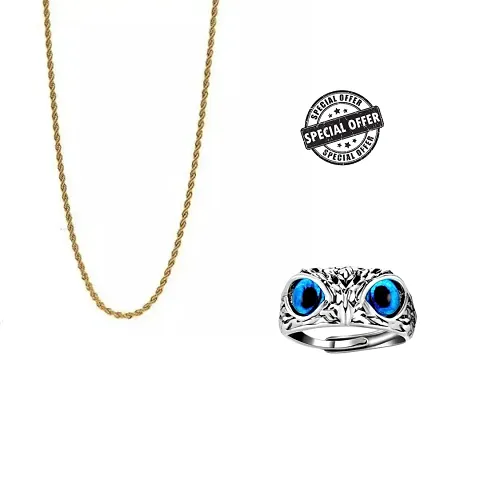 Gold-plated Chain with polish Evil Eye Owl Face Ring Alloy Adjustable Rin