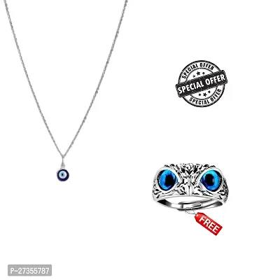 Silver Evil Eye Necklace | Dailywear | Evil Eye Evil Eye Pendant With Silver Plated Chain Adjustable Men Rings Combo | Owl Ring Free