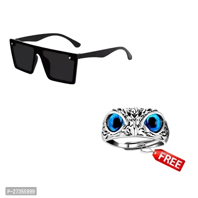 Sharnam Evil Blue Eye Owl Face Ring Silver Alloy Adjustable Ring For Men  Women Alloy Ring Trendy Black Matte Frame retro Square Sunglasses-thumb0