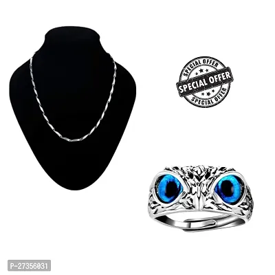 Stainless Steel Silver Chain Necklace for Men and Boys Evil Blue Eye Owl Face Ring Silver Alloy Adjustable Ring For Men  Women Alloy Ring