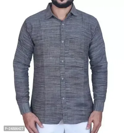 Stylish Grey Khadi Cotton Long Sleeves Self Pattern Regular Fit Shirt For Men