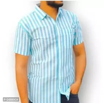 Stylish Blue Khadi Cotton Short Sleeves Striped Regular Fit Shirt For Men