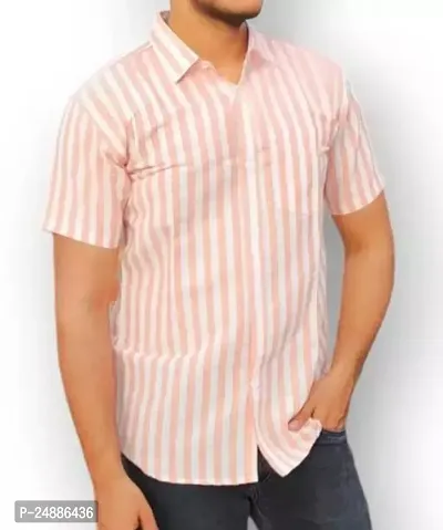 Stylish Peach Khadi Cotton Short Sleeves Striped Regular Fit Shirt For Men