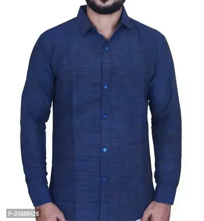 Stylish Navy Blue Khadi Cotton Long Sleeves Self Pattern Regular Fit Shirt For Men